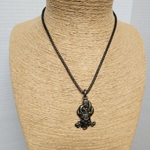 Vintage Bronze Patina Skull & Snake Coil Pendant Necklace